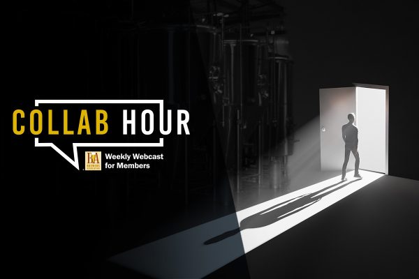 Collab hour logo over image of main in dark room walking out of a lit doorway