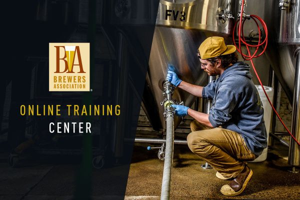 brewer working at fermenter in brewhouse with BA online training center text overlay