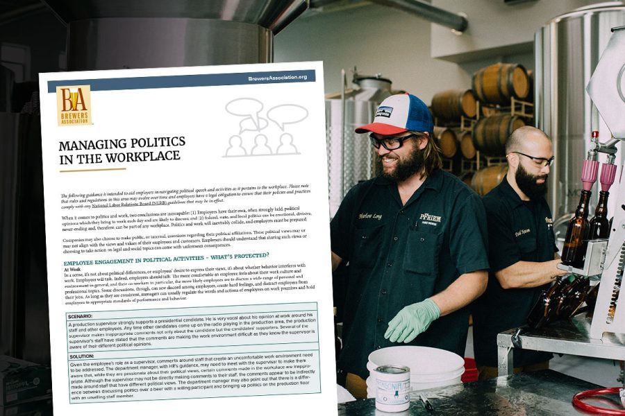 brewery employees working on packaging overlaid with managing politics in workplace document