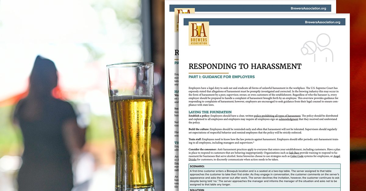people in brewery with beer glass and responding to harassment resources