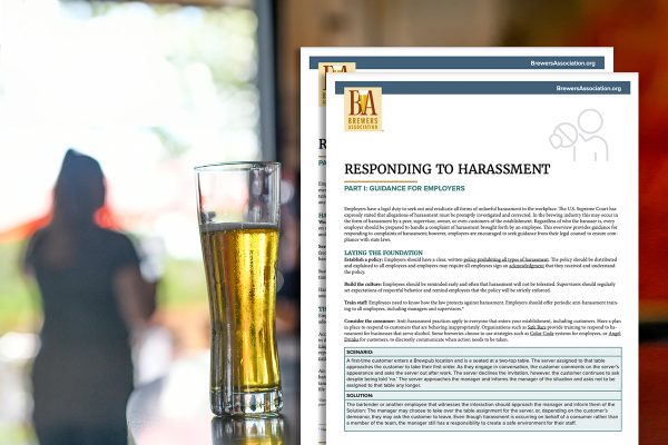 people in brewery with beer glass and responding to harassment resources