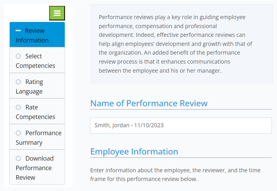 Zywave screenshot of performance review builder interface