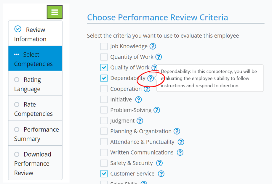 Zywave screenshot of performance review select competencies interface 