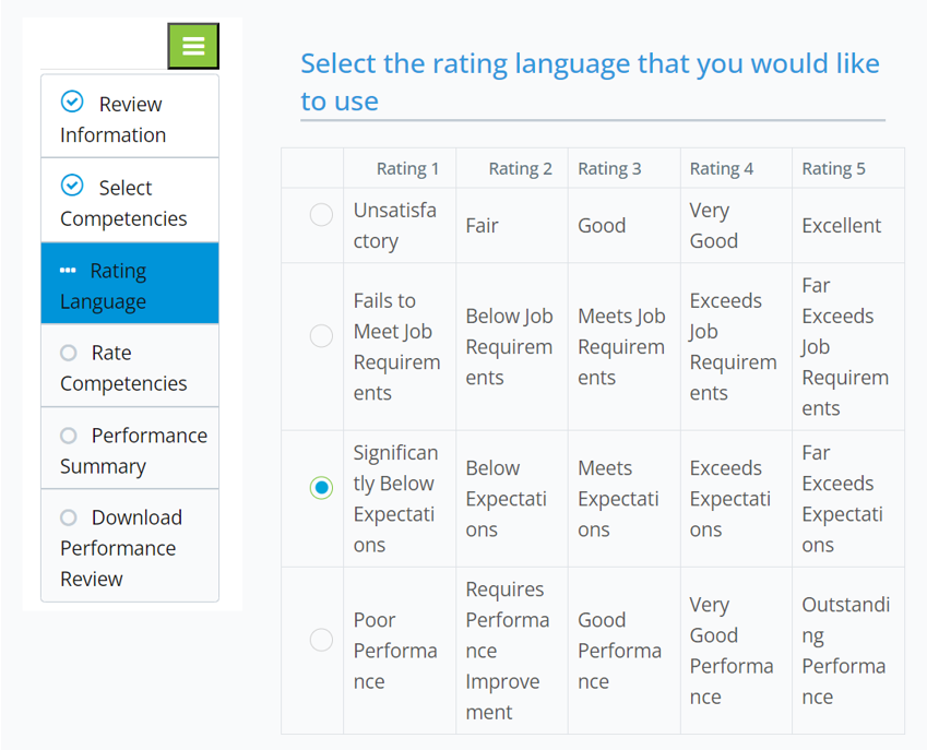 Zywave screenshot of rating language options