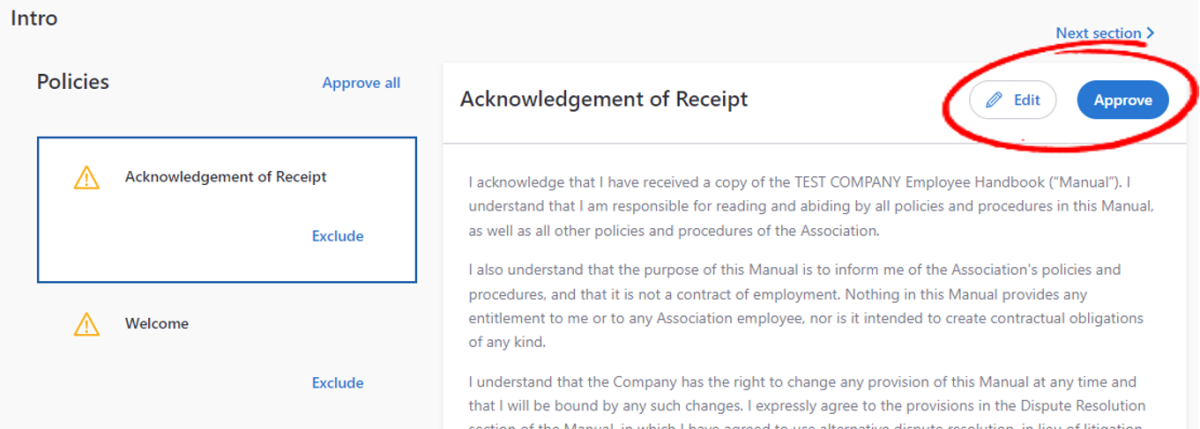 Zywave screenshot of "Acknowledgement of Receipt" page